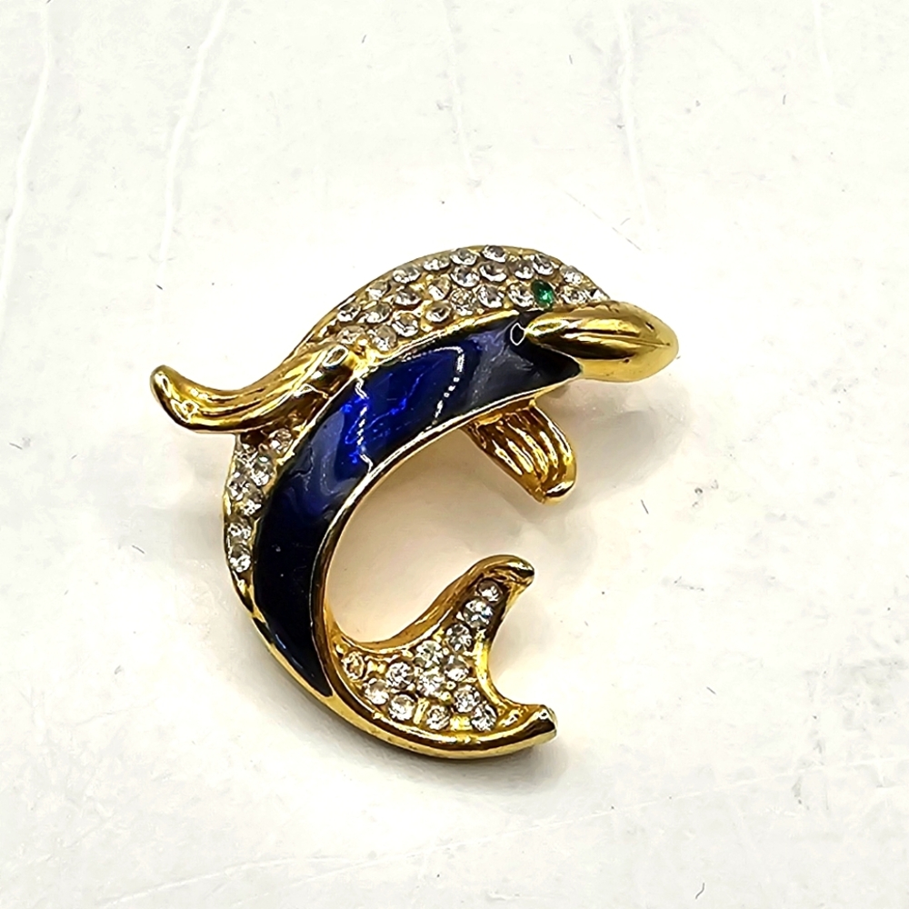 Attwood & Sawyer Rhinestone Dolphin Lapel Pin Rhinestone Enamel Figural Vintage